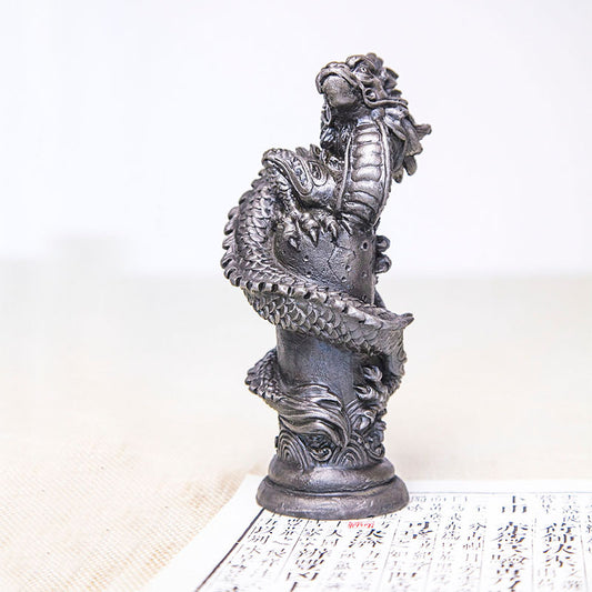 Chinese Zen-Inspired Creative Cast-Iron Style Ornament: "Soaring Dragon in the Sky" Relief Sculpture, Pillar-Wrapped Desktop Decoration, Home Tea Pet Craft Decoration